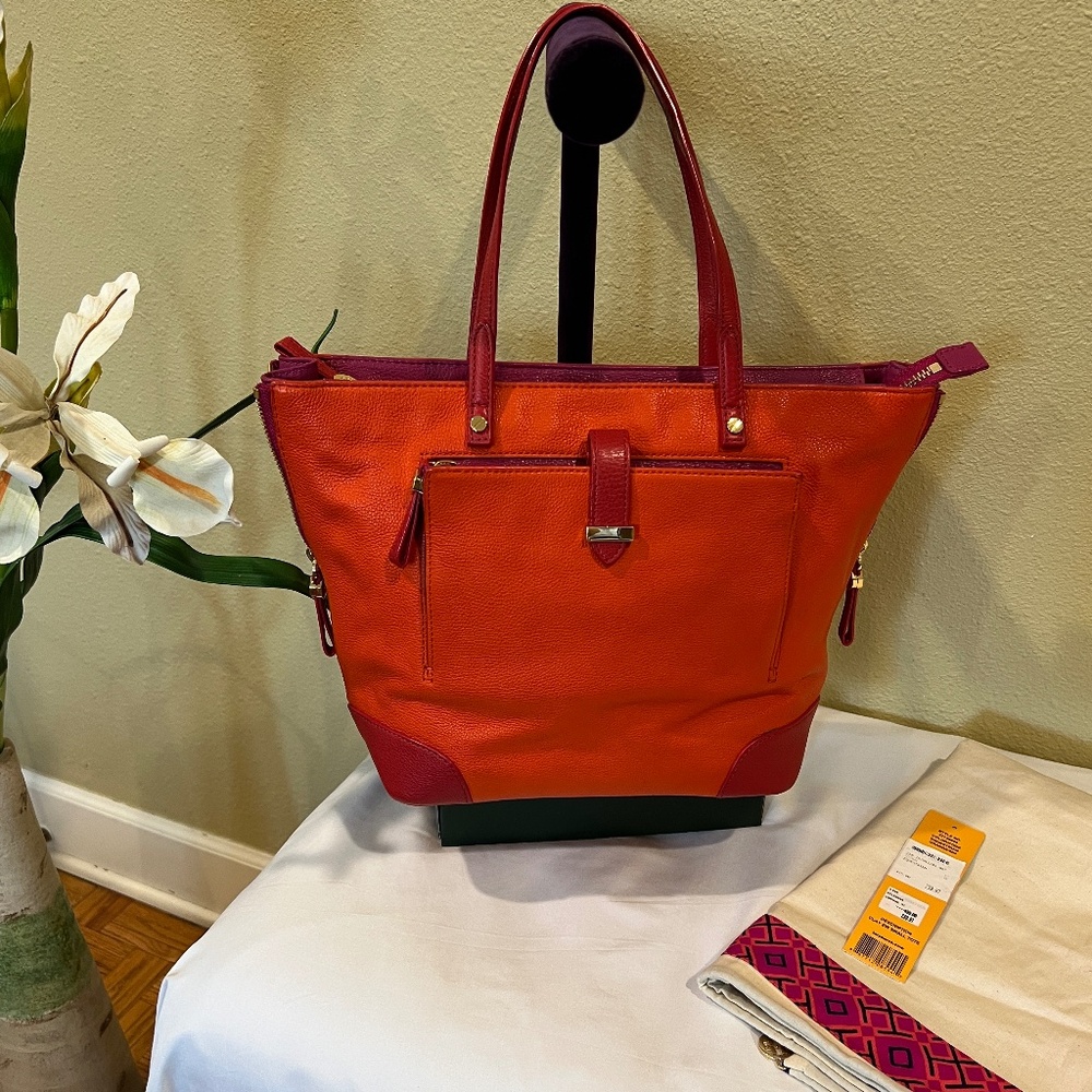 TORY BURCH Orange Magenta Genuine Leather Shoulder Tote Bag EUC